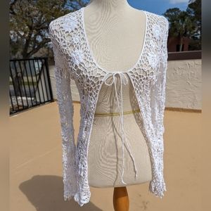 Crochet Open Weave Cover-up, Cream with Iridescent Sequins